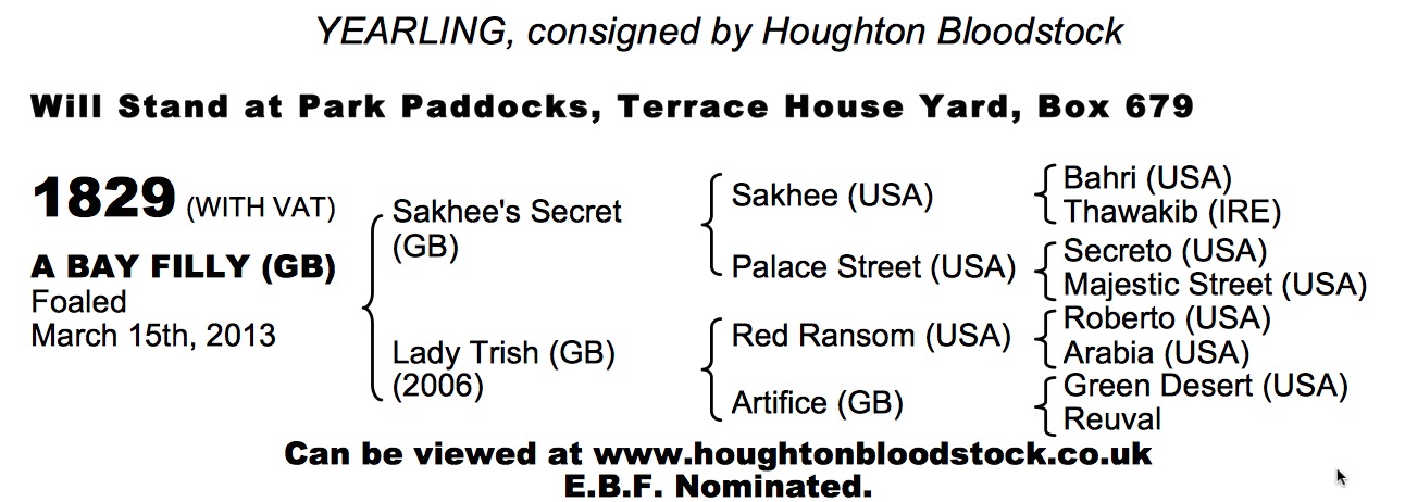 LOT 1829 - Sakhee's Secret (GB) / Lady Trish (GB) B.F.